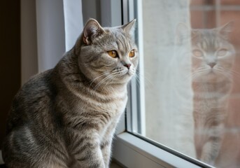 A gray tabby cat looks out a window