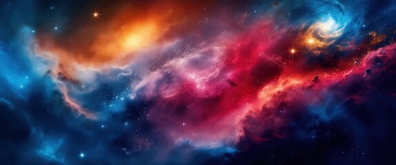 Naklejka premium Vibrant nebula, cosmic clouds, deep space, red and blue colors, starry background, swirling gases, celestial beauty, astronomical phenomenon, galactic art, colorful cosmos, ethereal space scene, inter