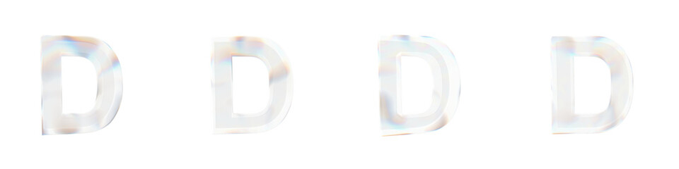 Set of 4 3d letter D with glass distortion effect isolated on a transparent background. 3d transparent elements for graphic design.