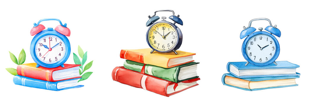 collection of vintage alarm clocks on colorful books, showcasing whimsical watercolor style. Perfect for educational themes or time management concepts