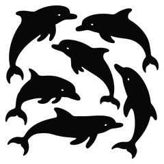 Set of dolphin silhouettes swimming. isolated vector on white background