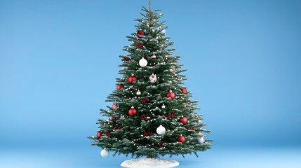 Fototapeta premium Decorated Christmas tree with ornaments and snow.