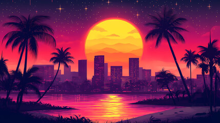 Retro-Futuristic Synthwave Cityscape: Abstract Anime Illustration