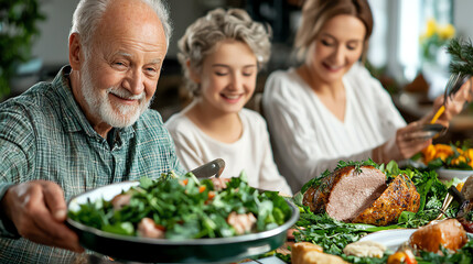 Generational connections celebrating togetherness around a festive table overflowing with delicious dishes and joyful moments