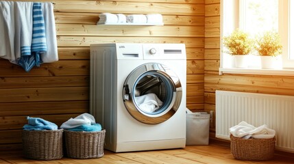 A stylish laundry room with a sleek washing machine and matching dryer