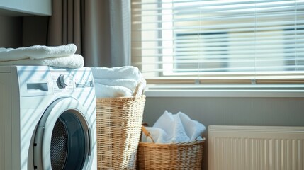 A stylish laundry room with a sleek washing machine and matching dryer
