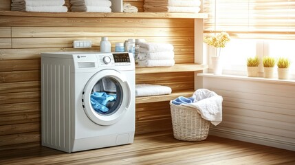 Fototapeta premium A stylish laundry room with a sleek washing machine and matching dryer