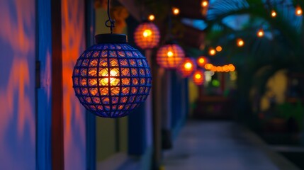 Obraz premium A serene evening scene featuring decorative hanging lanterns along a colorful pathway.