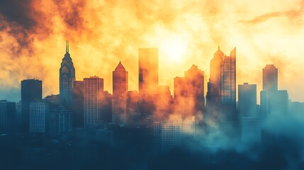 Fototapeta premium A gently painted city skyline at sunset, where the soft, pastel colors of the sky seamlessly blend with the silhouette of the buildings, casting a warm and ethereal glow over the urban landscape