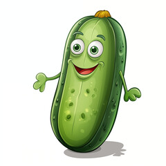 A cheerful cartoon cucumber with a smile posing playfully, showcasing its vibrant green color