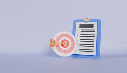 3D Goal achievements, planning schedule concept, Checklist on a clipboard with target icon