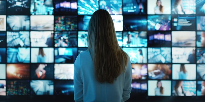 Woman in front of video screens