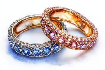beautiful wedding rings illustrated in romantic watercolor style featuring intricate details and soft colors that symbolize love and commitment isolated against a clean background