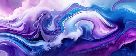 Fototapeta premium Abstract fluid art, vibrant swirls, blue and purple color palette, marbled texture, glossy finish, liquid motion, psychedelic patterns, high contrast, digital painting, fantasy landscape, cosmic flow,