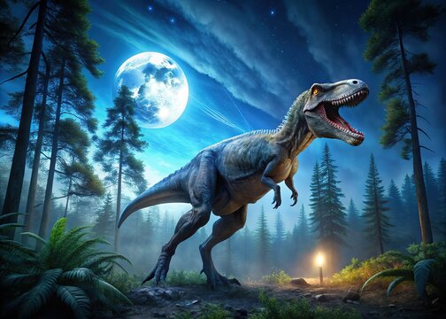 Albertosaurus Night Hunt - Prehistoric Predator in Moonlight