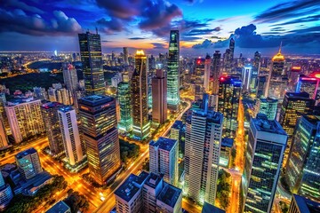 Fototapeta premium A lively night cityscape features towering structures glimmering against a spectacular urban skyline, radiating energy and brilliance in a dazzling metropolitan setting.