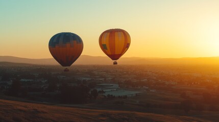 Naklejka premium Two colorful hot air balloons soaring above a scenic landscape at sunset.