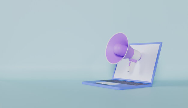 Megaphone with laptop computer on pastel color background