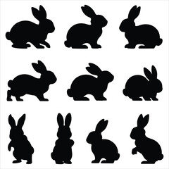 Set of bunny silhouettes in various poses. isolated vector on white background