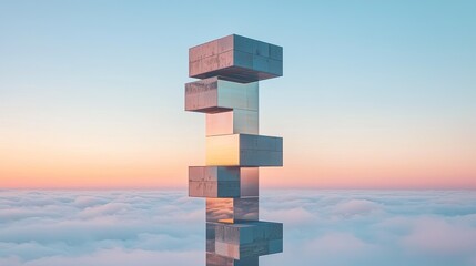 Modern abstract sculpture in the sky above clouds, reflecting soft pastel colors of sunrise.