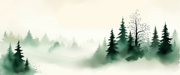 Misty forest landscape, watercolor painting, ethereal atmosphere, pine trees, foggy mountains, soft green hues, minimalist style, dreamy scenery, tranquil nature, fading silhouettes, atmospheric persp