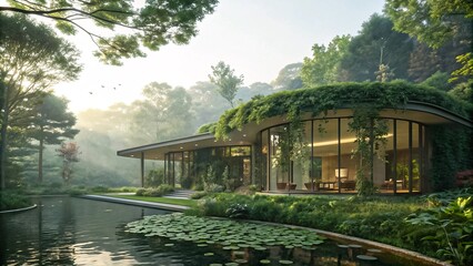 Fototapeta premium Luxurious modern eco-house with curved glass walls, green roof, misty forest. V2