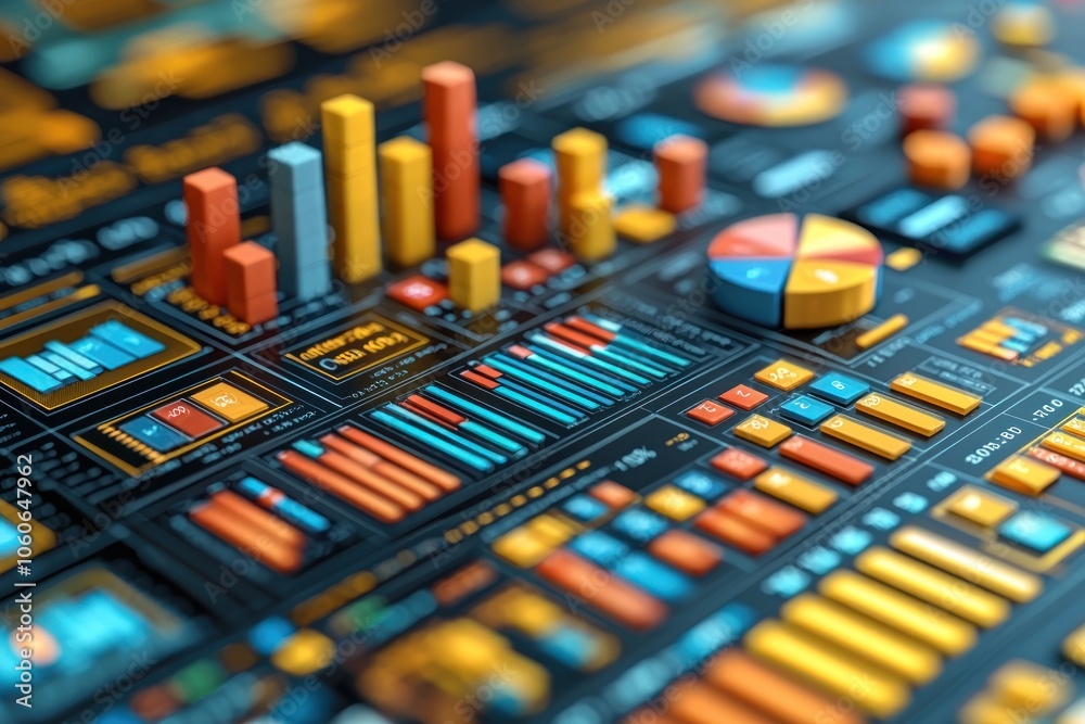 Aufkleber A close-up view of a digital interface with colorful 3D bar graphs, pie charts, and other data visualizations.