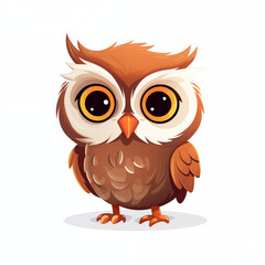 Fototapeta premium A cute cartoon owl standing on a white background looking curiously at its surroundings
