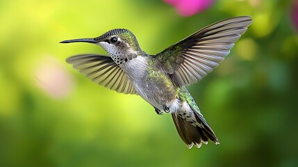 Obraz premium This captivating stock photo features a close up view of a watercolor hummingbird with finely detailed plumage, hovering in the air with its wings outstretched