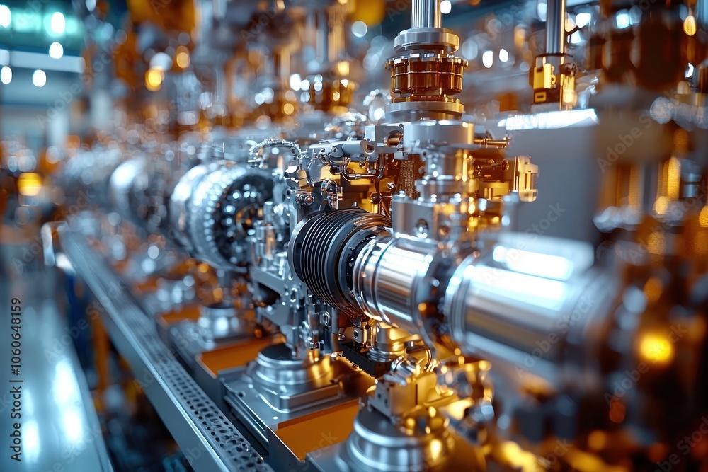 Poster close-up of a complex industrial machinery system with shiny metallic components