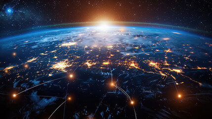 Obraz premium Earth, illuminated by city lights and connected by digital lines, symbolizing our global community.
