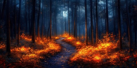 Obraz premium A Mystical Forest Path Illuminated by Glowing Plants Under a Full Moon