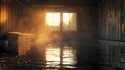 Minimalist sauna scene with bare wooden interior water reflections sunlight entering photo realistic wide angl. Photorealism. Illustration