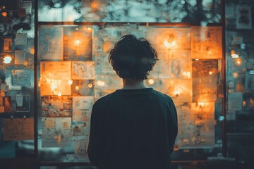 A Silhouette of a Person Standing in Front of a Window with Blurred Lights and Drawings