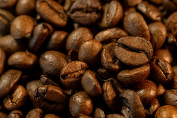Roasted Coffee Beans. Brown coffee beans close up , macro.