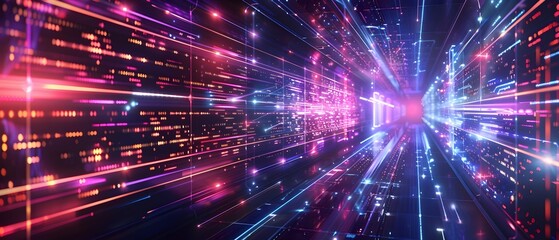 Shimmering Digital Tech Grid with Incandescent Neon Power Flow in Surreal Futuristic Environment