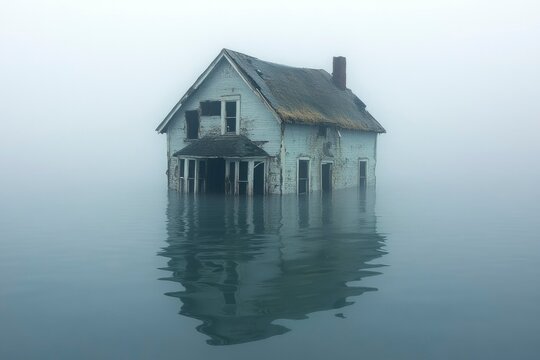 A dilapidated house half submerged in a misty lake