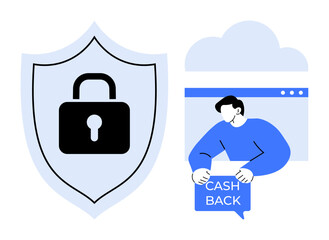 Padlock on shield and person holding cashback card near cloud. Ideal for Online Security, E-commerce, Financial Transaction, Cloud Services, and Digital Safety. Minimalist, modern, clean