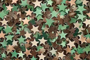 Naklejka premium Festive green and gold stars confetti scattered on vibrant background ideal for celebrations and events. dynamic illustration. star pattern wallpaper. Abstract textured backdrop for digital projects