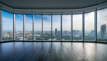 Empty room with panoramic windows and city view. Generative AI