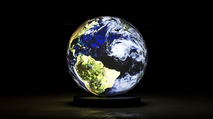 Stunning stock image capturing a holographic image of Earth illuminated in a dark room, presenting a dynamic visualization of global climate patterns and vital resources