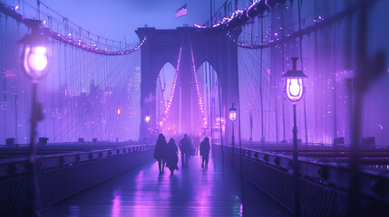 Silhouetted pedestrians crossing a misty Brooklyn Bridge illuminated with eerie purple lights on Halloween night