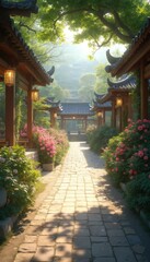 Fototapeta premium Picturesque Asian Garden Path with Lanterns and Vibrant Flowers