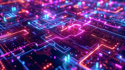 Illuminated Circuit Board Maze Pulsating Electric Tributaries and Vivid Neon Data Streams in an Abstract Digital Dreamscape