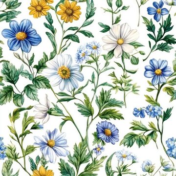Botanical Watercolor Floral Pattern with Vintage Style in Spring Theme