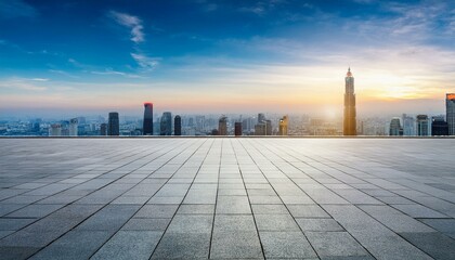 Fototapeta premium empty tiled floor with modern cityscape and skyline in the background. Generative AI
