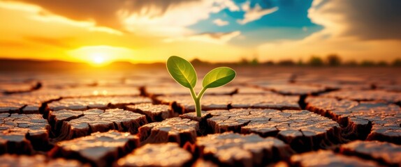 Barren cracked earth, single green seedling, dramatic sunset sky, hope in adversity, global warming, drought landscape, golden sunlight, cloudscape, environmental awareness, new life emerging, perseve