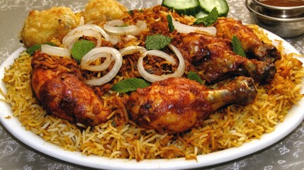 Fototapeta premium Aromatic biryani dish with chicken and saffron rice, garnished with mint and crispy onions