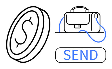 Coin with dollar sign, business briefcase, and Send button symbolize digital money transfer. Ideal for finance apps, banking, fintech solutions, e-commerce, online transactions, business services