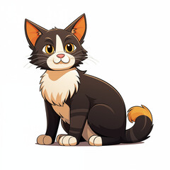 Obraz premium Cute cartoon cat with bright eyes and fluffy tail sitting happily on a white background